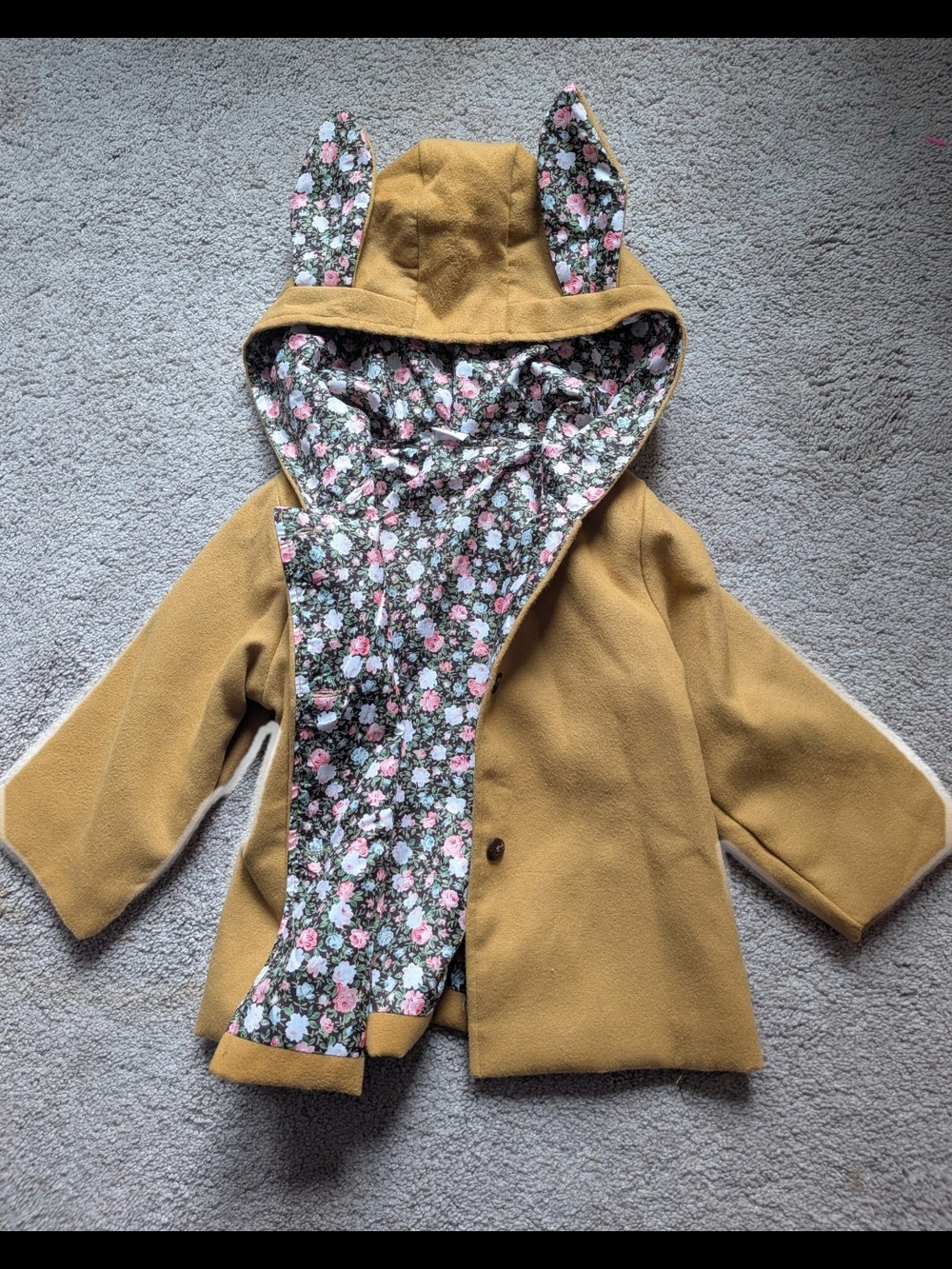 Kids' Mustard Hooded Coat with Bunny Ears &  Floral Lining